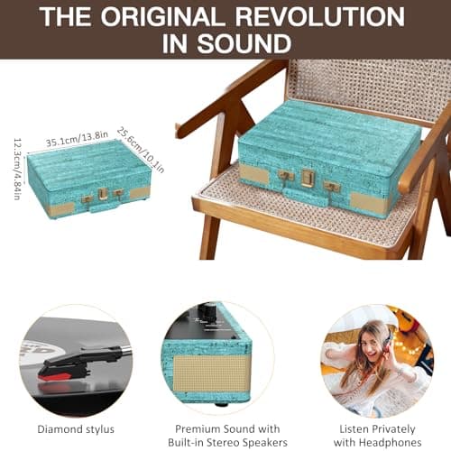 Trynnay Record Player 3 Speed Bluetooth Portable Suitcase Vinyl Player with Built-in Speakers Turntable Enhanced Audio Sound Sky Blue — view 5