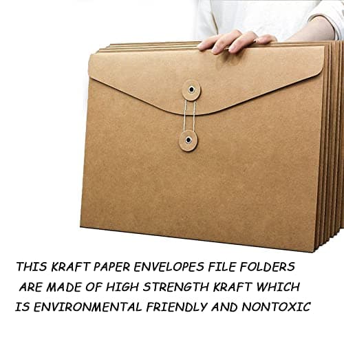 10pcs A4 Kraft Paper Envelopes Portfolio Foolscap File Folders Document Folder with String Fastener Closure Wallet Pockets File Bags Storage Pouch Paperwork Organizer Bag for Office School Home — view 3