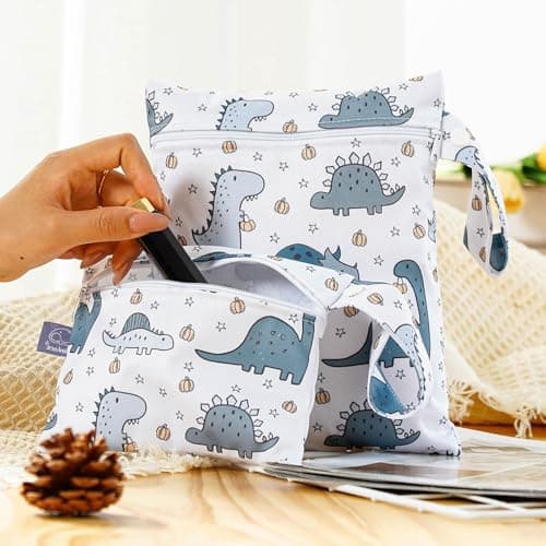 ZKFSIE 3 Pcs Reusable Waterproof Wet Bags, Nappy Bag Organiser, Wet Dry Bag, Dinosaur, Rainbow & Bear Patterns for Swim, Travel, Camping Beach Gym Organiser — view 5