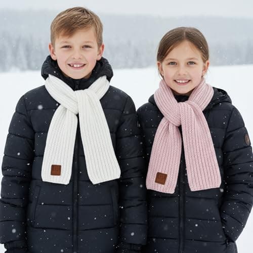 Abeillo 2 Pack Warm Kids Winter Knit Scarves Soft Knitted Neck Warmer Scarf Warm Scarves Wrap for Boys Girls(Pink, White) — view 4