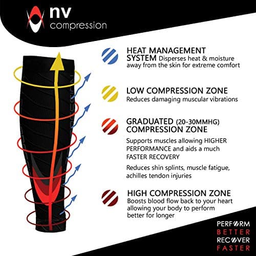 NV Compression Essential Race and Recover Calf Guards/Sleeves (PAIR) 20-30mmHg - For Sports Recovery, Shin Splints, Medical, Work, Flight - Running, Cycling, Gym (Bk/Red Chevrons, S-M) — view 5