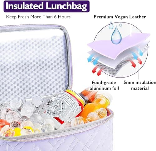 Hihealer 2 Tier Lunch Bag 26x16x26cm Women with Stylish Vegan Leather - Large Leakproof Insulated Cool Bag with Removable Adjustable Strap for Work Picnic, Christmas Gifts for Women (Lavender Purple) — view 2