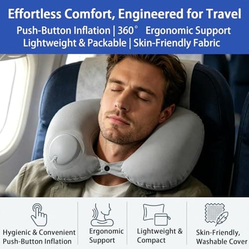 Apexrich Inflatable Travel Pillow, Press to Inflate Neck Pillow for Travel, Blow Up Neck Pillows for Flights, Small U-Shaped Headrest Cushion for Airplanes Grey — view 3
