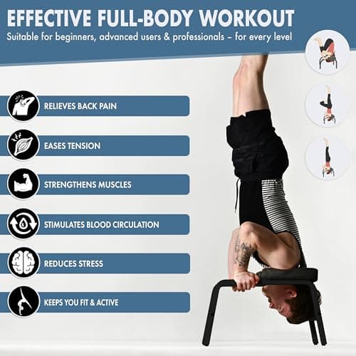 VALENESS® Yoga Headstand Stool - Premium Quality Yoga Stool Including Yoga Strap, Yoga Block & Exercise Poster - Yoga Chair for Handstand Exercise Made of Solid Natural Wood (Black Edition) — view 4