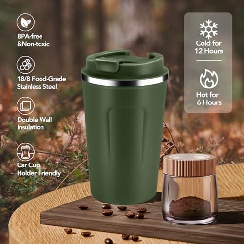 Volhoply 360ml 12oz Double Wall Insulated Vacuum Travel Coffee Mug with Flip Lid,Reusable Stainless Steel Leak Proof Coffee Cup,Cafe Thermal Tumbler Suitable for Hot&Cold Drinks(Army Green,1 Set) — view 5