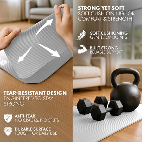 KAYMAN Yoga & Exercise Mat with Carry Strap, Large Non-Slip Comfortable Training & Workout Floor Mats for Home or Outdoor, Gym, Pilates, Gymnastics, HiiT, Stretching & Meditation (Grey) — view 3