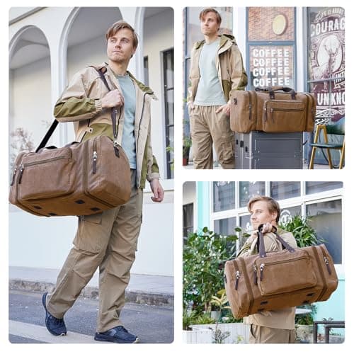 EKOROMIER 55L Canvas Travel Duffel Bag for Men – Expandable Weekender Holdall – Cabin Size Overnight Bag for Gym, Carry-On or Short Trips – Coffee — view 2