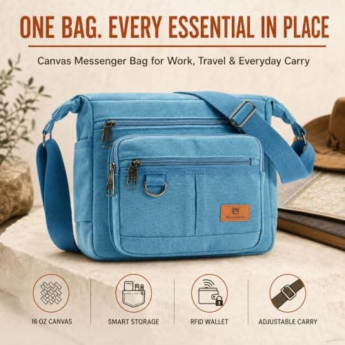 W&G traveler Unisex Messenger Bag for Men Women, Rfid Crossbody Shoulder Bag with Water Bottle Holders, All-Purpose Briefcase Commuter Bag for Travel, Work, Computer, Camera, Blue — view 3