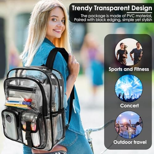 Clear Backpack Heavy Duty PVC Clear Bookbag 32x41x13cm Large Capacity Multi Pockets Lightweight See Through Backpack with Adjustable Straps for Men Women College Concerts Sports Stadium Events(Black) — view 4