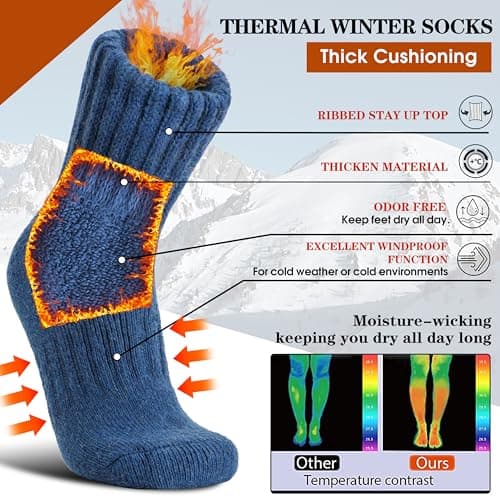 Sandsuced Merino Wool Thermal Boot Socks for Men Women Winter Warm Thick Cosy Walking Hiking Work Stocking Fillers Socks 3 Pairs(Blue/Black/Grey,L) — view 3
