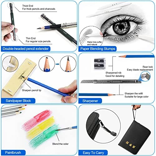 H & B Drawing Pencils and Sketch Pad 72 Pieces, Artist Colouring Pencils Sketching Set, Complete Sketch Kit Includes Graphite Pencils,Colour Drawing Pencils for Kids,Adults — view 5