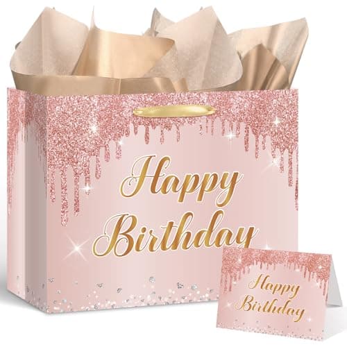 12'' Large Rose Gold Happy Birthday Gift Bag for Women and Girls Pink Present Set with Greeting Card and Wrapping Tissue Paper Birthday Party Decorations Supplies