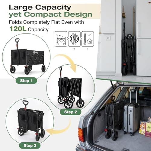 Sekey Festival Trolley Heavy Duty 100kg, 120L Folding Camping Trolley with Brakes & All-Terrain Wheels, Collapsible Beach Trolley Cart, Adjustable Handle Wagon, 4030, Black — view 3