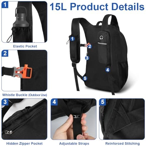 HOTUT Ultra Lightweight Foldable Backpack, 15L Hiking Backpack, Water Resistant Travel Day Bag for Men Women, Packable Rucksack Daypack for Cycling Climbing Travelling Camping Sports Outdoor — view 3