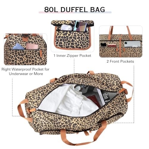 Lekesky Large Foldable Travel Duffe Bag - 80L Waterproof Holdall Luggage Bag with Shoes Compartment, Weekend Overnight Sports Bag for Women and Men(Leopard Print, 72 * 33 * 34cm) — view 2