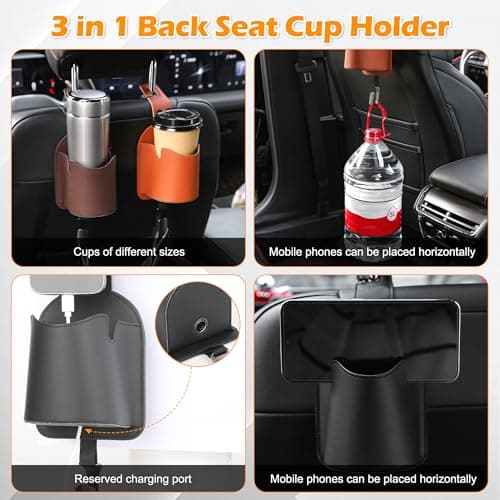 Qirc Car Seat Back Cup Holder, Multifunctional PU Leather Auto Storage Organizer with Headrest Hook, 3 in 1 Universal Car Hanging Drink Holder for Purse Phone Handbag Grocery Bags (Orange) — view 3