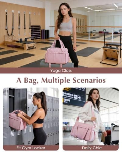 Small Gym Bag Womens with Yoga Mat Holder and Wet Compartment, Puffer Pink — view 2