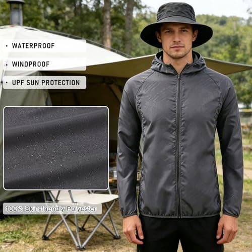 ADUDVLO Men's Lightweight Waterproof Jacket with Pockets, Packable Hooded Windproof Rain Jacket for Travel, Running & Hiking – Includes Carry Pouch (UK, Alpha, S, Regular, Regular, Grey) — view 5