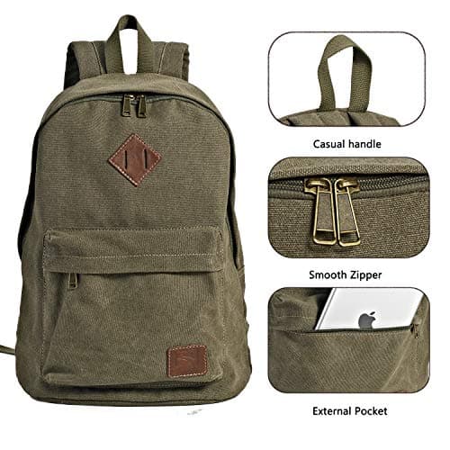 seemeroad Canvas Vintage Backpack Lightweight Travel Daypack Laptop Backpack College Student Rucksack for Men Women (Army Green) — view 3