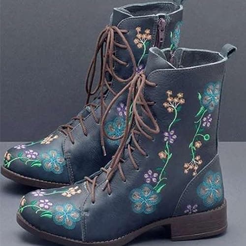 Lace Up Boots Women Casual Comfortable Low Chunky Heel Shoes Stylish Non-Slip Printed Embroidered Round Toe Side Zipper Wide Fit Combat Boots Outdoor Walking Hiking — view 4