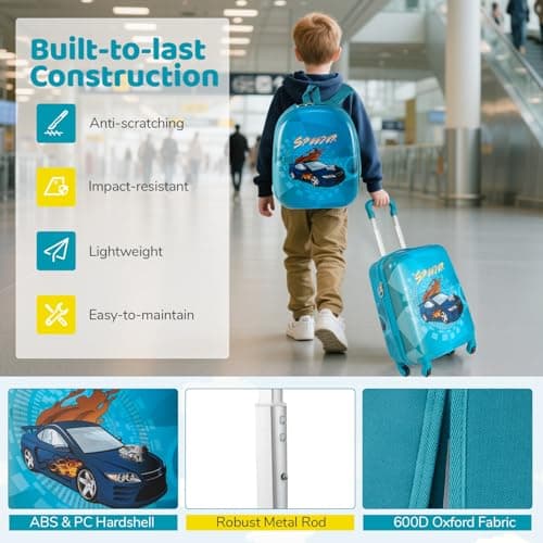 GYMAX 2Pcs Kids Luggage Set, 13" Backpack & 16" Children Hardshell Suitcase with Wheels & Telescopic Handle, Boys Girls Carry On Luggage Set for Travel School (Navy) — view 5