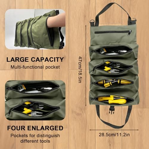 Tool Roll Bag Canvas Small Tool Bag Multi-Purpose Tools Box Organiser with 5 Zip Pockets Chisel Spanner Roll Ideal for Craftsmen Plumbers and Electricians Armygreen — view 3