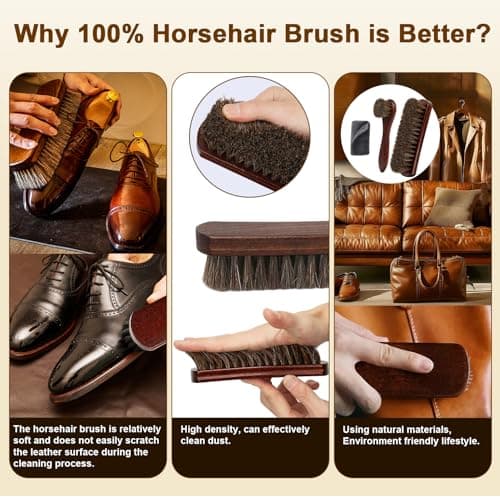 LYSSRA 3-Piece 100% Horse Hair Shoe Brush Kit Premium Dauber Applicators Leather Care Cleaning Set with Polishing Brushes and Cloth for Leather Suede Shoes Boots Bags Cars Cleaning Polishing — view 2