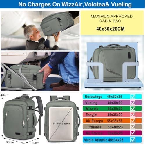 Cabin Bags 40x30x20 for Ryanair Wizz Air Underseat 24L Small Travel Backpack for Women Cabin Size Rucksack for Plane Hand Luggage Backpack Flight Bag Ryan Air Cabin Bag with USB Charging Port-Green — view 2