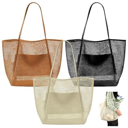 ktxaby 3 Pack Mesh Beach Bags for Women,Waterproof Beach Tote with Inner Pocket, Foldable 23L Shopping Bags for Pool Beach Travel and Picnic(Black Khaki Beige)