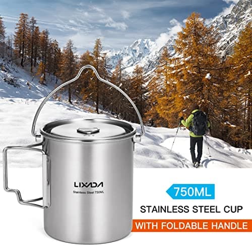Lixada Camping Water Cup with Foldable Handles and Lid 750ml Stainless Steel Mug Hanging Pot for Camping Hiking Backpacking Picnic — view 2