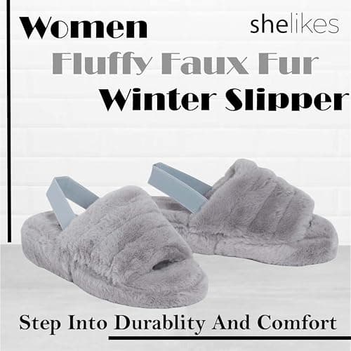 shelikes Womens Sliders Ladies Fluffy Faux Fur Peep Toe Warm Winter Slipper — view 2