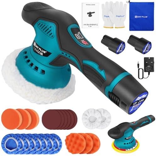 Car Polisher, Electric Car Polisher with 2 Battery Packs and Charger, 8 Variable Speeds 2800-5500RPM, Electronic Display, Rotary Polishing Machines with Sanding Buffing Pads Waxing Cleaning Kit