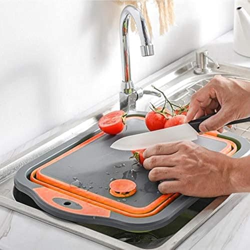 Collapsible Cutting Board with Drain for Camping Picnic BBQ Collapsible Sink Tub Dish Wash Basin Portable Dish Tub Foldable Dishpan for Home Kitchen (Black Orange) — view 4