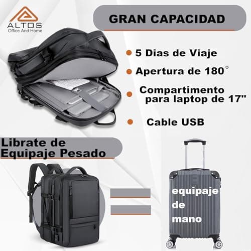 ALTOS OFFICE AND HOME. Expandable & Carry on Backpack, Extra Large 45L Airline Approved TSA, Synthetic Leather, Multiple Compartments, For Laptops up to 17", Water and scratch resistant, Comfortable, — view 2