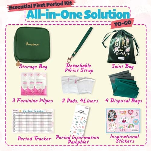 Essential Period Kit for Girls | First Period kit for Girls 10-12 | Period Bags for Teens for School | First Period Gift with Sanitary Pad Storage Bag, Wipes, Period Tracker and More (Green) — view 2