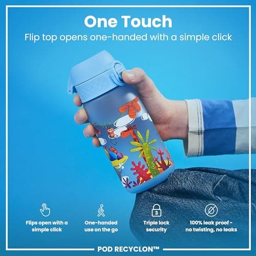 Ion8 Kids Water Bottles, 350ml/12oz, BPA Free, Leakproof, Dishwasher Safe, Easy Open, Secure Lock, Small Boys & Girls Water Bottle,Kids Drinks Bottle for Spill-free Drinking, Blue, Safari — view 3