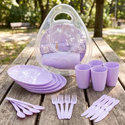 GEEZY 21 Piece Picnic Set - Reusable Purple Camping Dinner Set for 4 with Plates, Cups, Cutlery & Storage Box - Dishwasher Safe & Portable Outdoor BBQ, Party & Kids Tableware — view 2