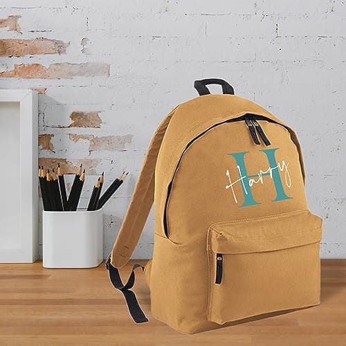 Print Maniacs Personalised Any Name Large 18L Kids Travel Backpack Junior Shoulder Collage Rucksack School Lunch Swimming P.E Laptop Book Bag (Caramel, Teal/White) — view 6