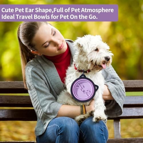 SLSON Silicone Collapsible Dog Bowl, 2 Pack Portable Dog Travel Bowl, Cute Cat Pattern Pet Feeding Bowl 750ml Large Foldable Food & Water Bowl with Carabiner (Purple+Grey) — view 3