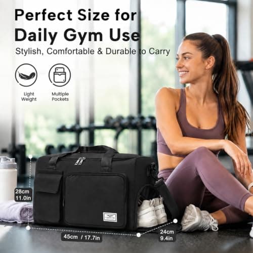 FIORETTO Gym Bag Womens, Sports Bag with Shoe Compartment, Black — view 5