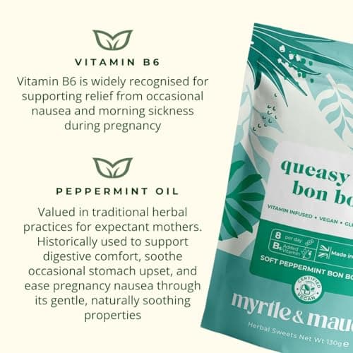 Myrtle & Maude - Queasy Days Vitamin B6 Bon Bons - Nausea Relief and Morning Sickness Support - Enriched with 100% Natural Peppermint Oil - All Natural - Certified Vegan (1 Pack) — view 2