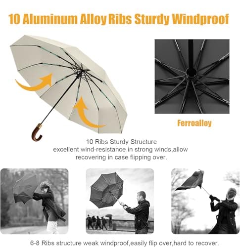 Luxurious Travel Folding Umbrella with Crook Real Wooden J Handle for Men/Portable /Automatic Open/Close Coating Layer Fabric Blocking/Rain Sun/Anti UPF 50 UV Protection 99.9%/Golf/Car Backpack — view 3