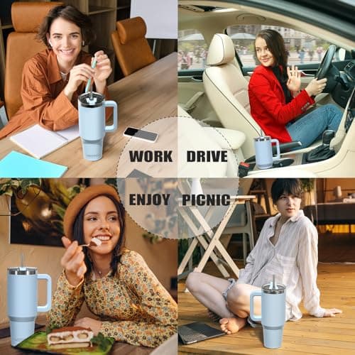 WATERSY Travel Mug Coffee Cup 40oz Tumbler Straw Lid and Handle, Stainless Steel Double Wall Vacuum Insulated Coffee Water Bottle Thermal for Cold Hot Coffee 1182ml Blue — view 5