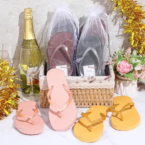Unittype 24 Pairs Flip Flops Bulk for Wedding Guest Slippers Wedding Flip Flops with Cards Bags for Pool Beach Party, Brown, Rose Gold, Gold, Gray, S,M，L，XL — view 2