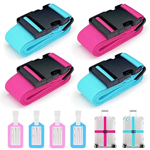 4 Pack Luggage Straps, Suitcase Belts Luggage Straps for Suitcases, Easy to Spot Suitcase Straps with Luggage Labels, Travel Accessories Band Luggage Belt for Baggage (2 Neon Blue + 2 Neon Pink)