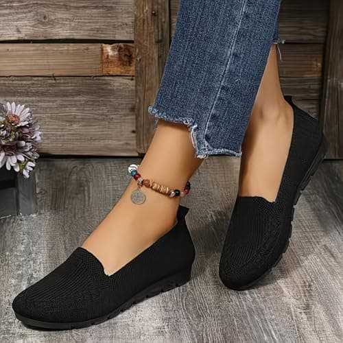 Boat Shoes Women Wide Fit Knitted Mesh Slip-On Flats Solid Color Breathable Low-Cut Casual Loafers with Soft Non-Slip Soles Lightweight Comfortable Walking Shoes for Everyday Wear Office Travel Black — view 2