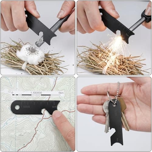 Eowppue Flint Scrapers 10 Pack, High Carbon Steel Fire Starter Strikers with Serrated Edge, Bottle Opener and Ball Chain, Compact 10 g Camping Hiking Survival Gear — view 6