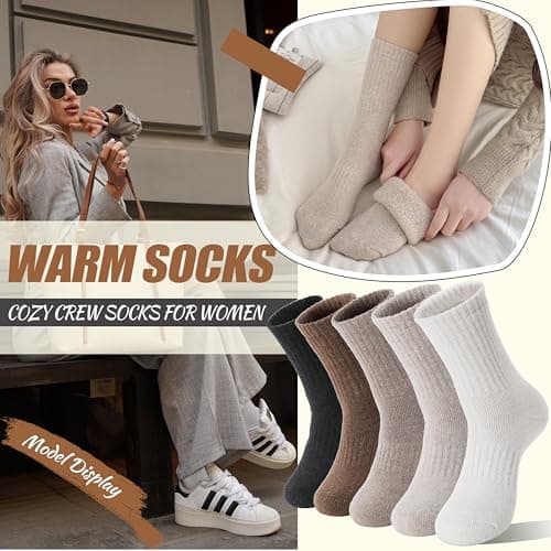 EBMORE Womens Merino Wool Socks Thermal Warm Winter Thick Cosy Boot Crew Cabin Ladies Work Soft Walking Hiking Socks 5 Pairs Gift Stocking Fillers(Beige/White/Black/Khaki) — view 4