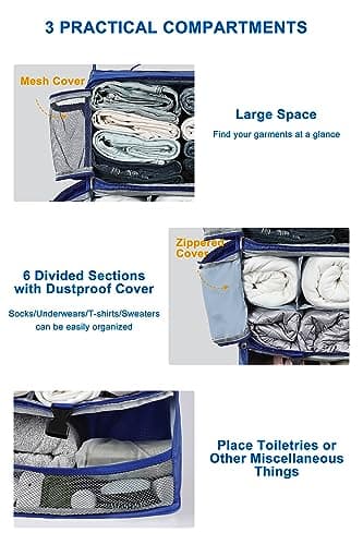 ELEZAY Hanging Packing Cubes Portable Closet 3-Shelf Travel Collapsible Compression Garment Organiser for Carry-on Luggage Suitcase Space Saver Bag XX-Large_No Side Pockets, Blue — view 3