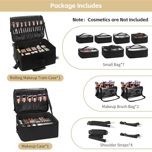 4-in-1 Professional Cosmetic Trolley Large Vanity Case With Wheels for Travel, Beauty, Hairdressing, Makeup, Tattoo and Nail Art - Multifunctional Design, Black, 01_Set — view 5